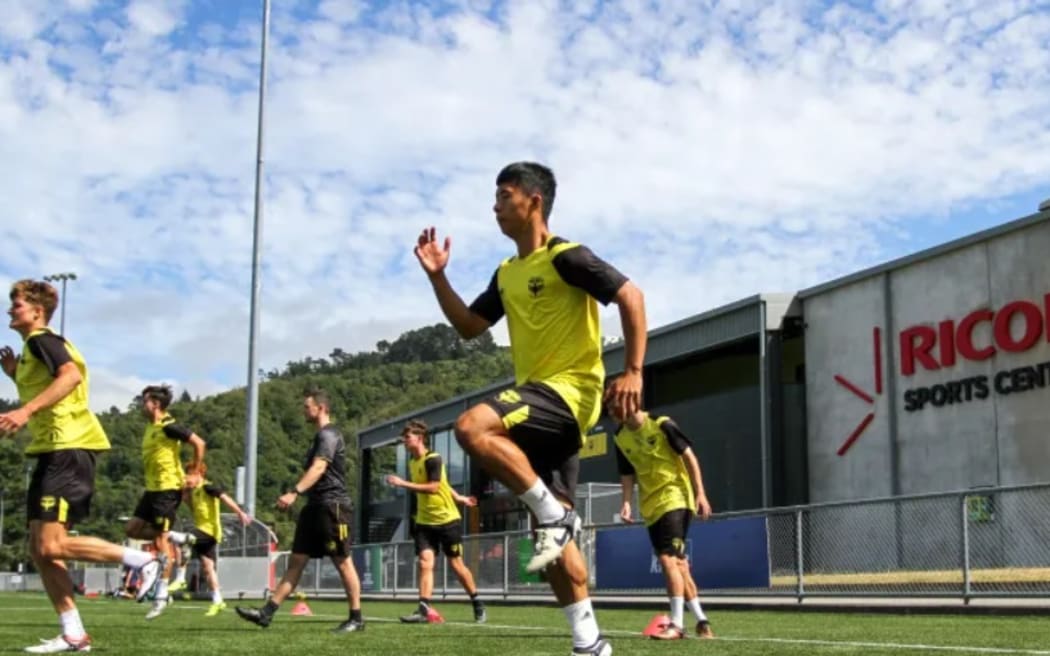 Wellington Phoenix players train at the Ricoh Sports Centre at Fraser Park.