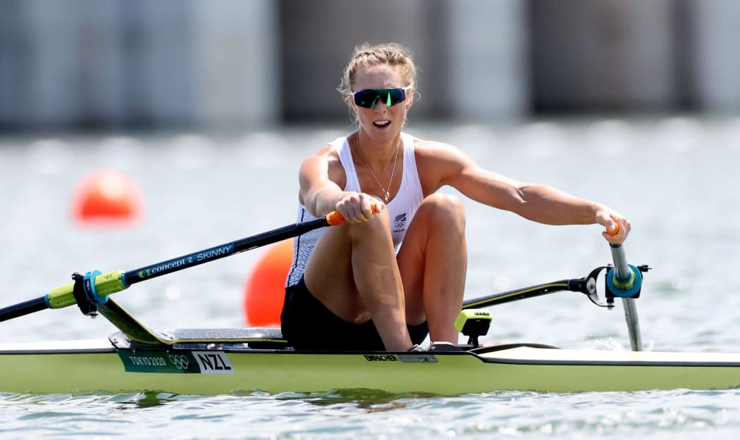 Emma Twigg on her way to winning her single scull heat in Tokyo.
