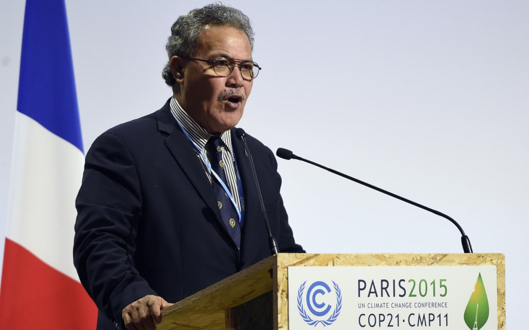 Tuvalu Prime Minister Enele Sopoaga delivers a speech during the opening day of the World Climate Change Conference 2015, COP21.