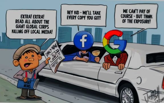 Jeff Bell's cartoon for Stuff channels the news media's opinion of the power and wealth of the big online platforms.