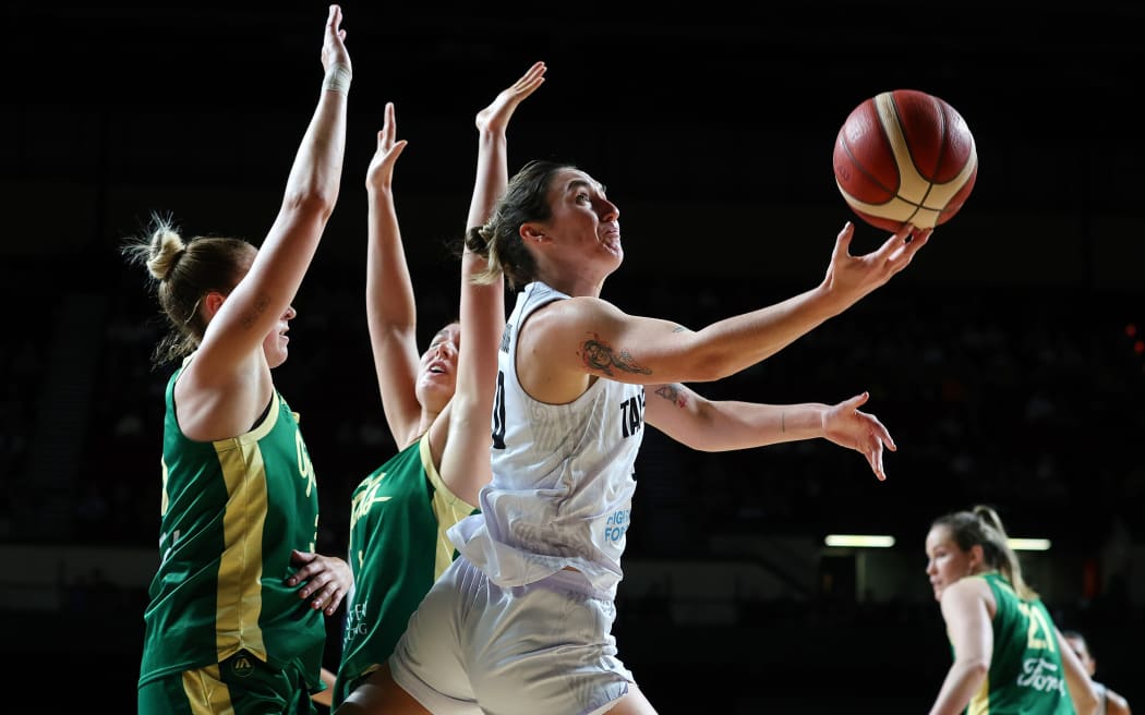 Ashlee Strawbridge of the Tall Ferns takes a shot against Australia Opals, 2025.
