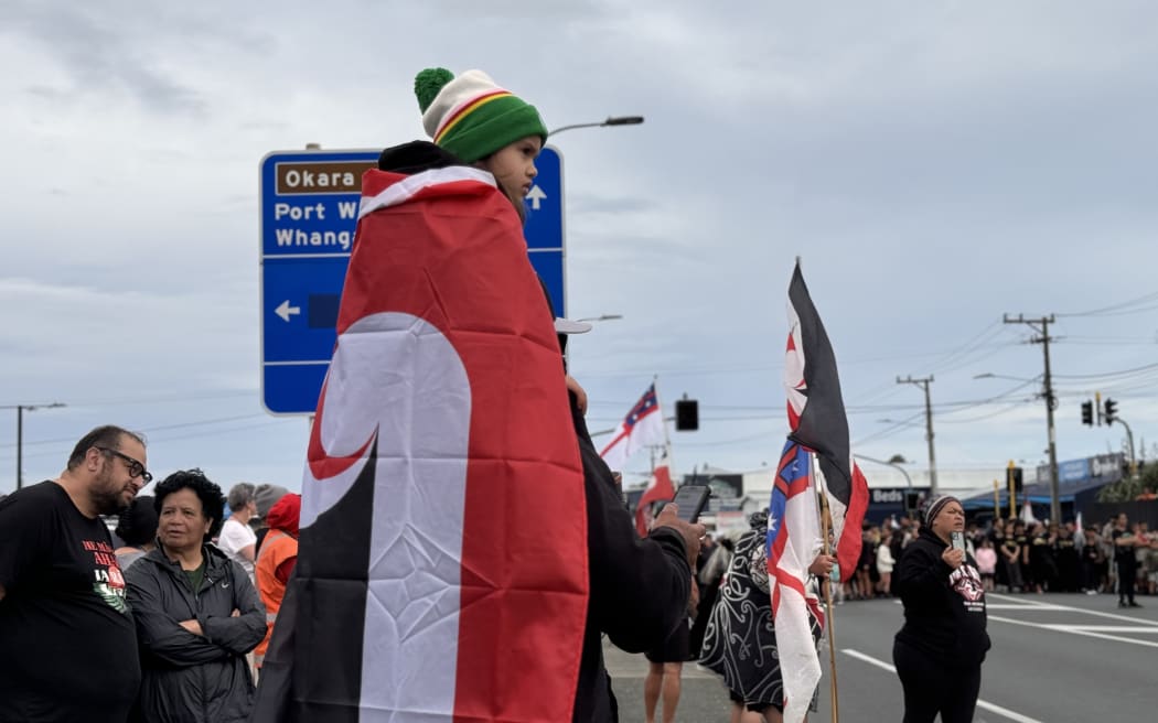The hīkoi musters outside Kaka Porowini Marae in Whangārei, having just arrived from Kawakawa earlier in the day.