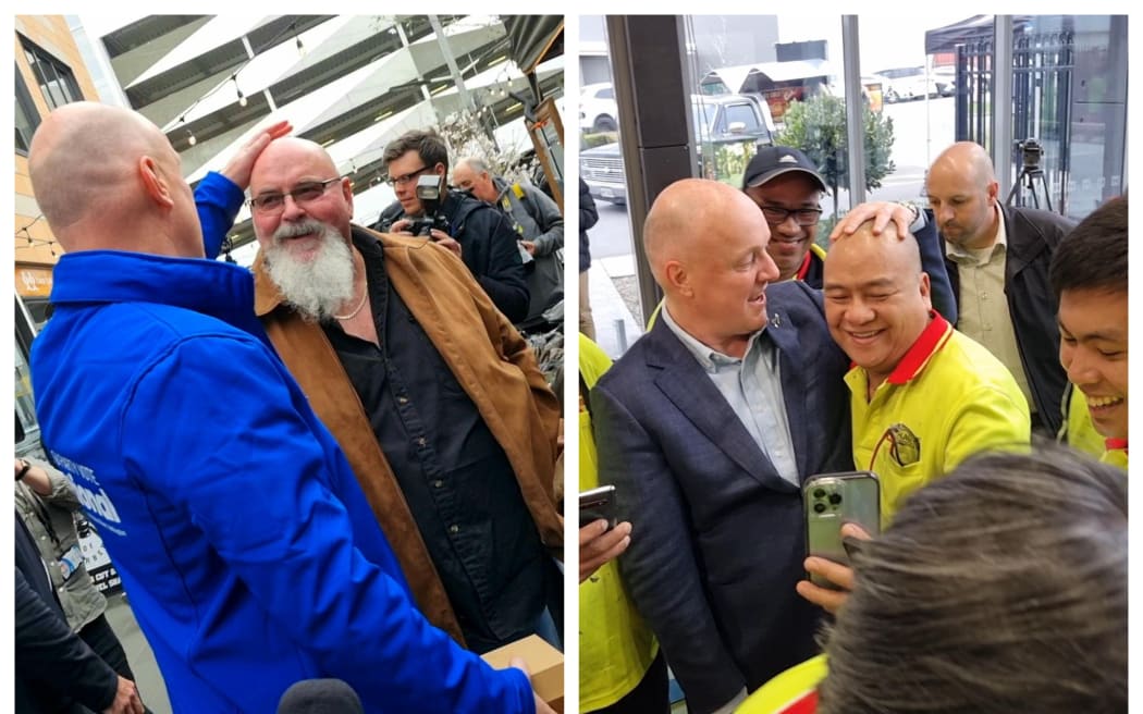 National Party leader Christopher Luxon meets a member of the public at Riverside Market in central Christchurch (left) and a staff member at Hagley Windows & Doors in the suburb of Islington (right) while on the campaign trail on 14 September, 2023.