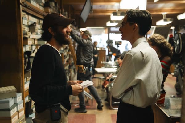 Josh Safdie and Timothée Chalamet on the set of Marty Supreme.