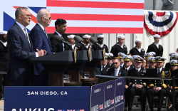 US President Joe Biden (2nd L), British Prime Minister Rishi Sunak (R) and Australian Prime Minister Anthony Albanese (L) hold a press conference during the AUKUS summit on March 13, 2023, at Naval Base Point Loma in San Diego California. AUKUS is a trilateral security pact announced on September 15, 2021, for the Indo-Pacific region. (Photo by Jim WATSON / AFP)