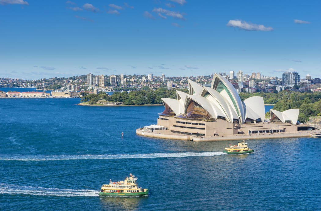 Aerial view of Sydney Opera House, and the harbour.
