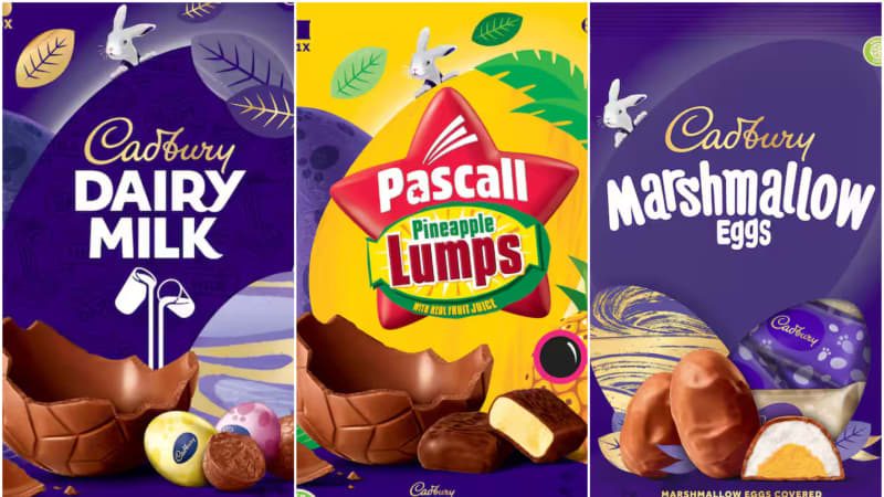 Cadbury chocolate eggs l-r Dairy Milk Easter Egg with Mini Eggs, Pineapple Lumps and Marshmallow Eggs.