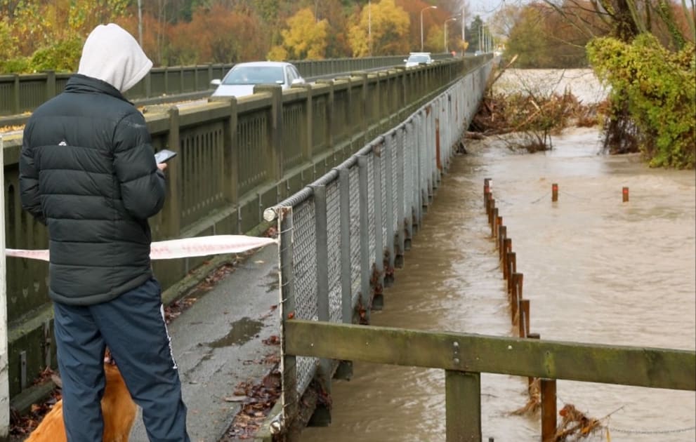 A closed footbridge across the Ashburton River.