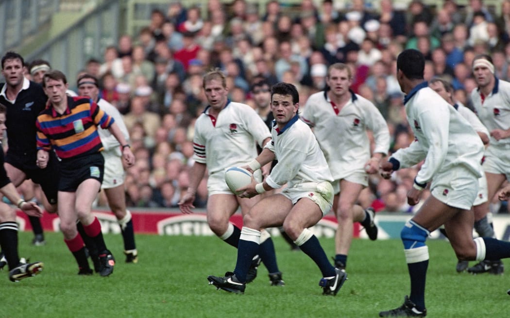 Will Carling in action for England against the All Blacks at Twickenham.