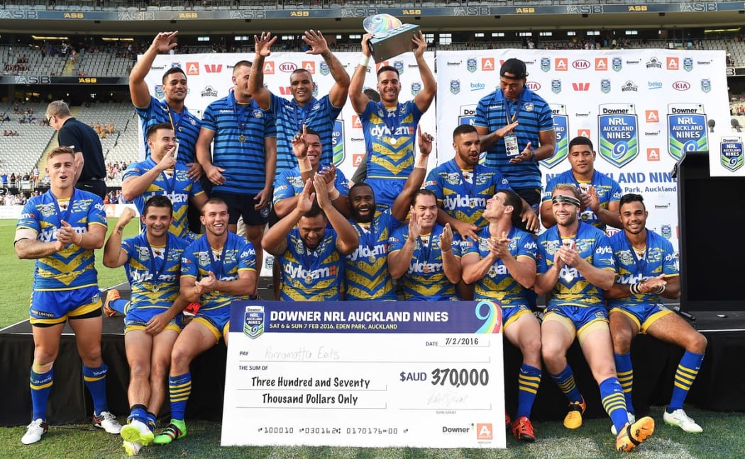 The Parramatta Eels celebrate their win over the New Zealand Warriors in the Auckland NRL Nines final at Eden Park in Auckland, New Zealand. Sunday 7 February 2016. Copyright photo: Andrew Cornaga / www.photosport.nz