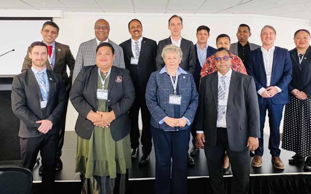 Fiji's Deputy Prime Minister Manoa Kamikamica (second from left at the back) with the delegation from Fiji in Wellington on Monday. Photo: Fiji Ministry of Trade