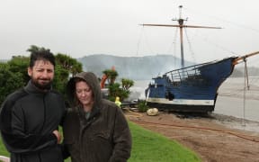 Thibaud Guerin, owner of marine research company TriOceans, and Cat Peters, chairwoman of the TriOceans Education Trust, with the remains of the Tui.