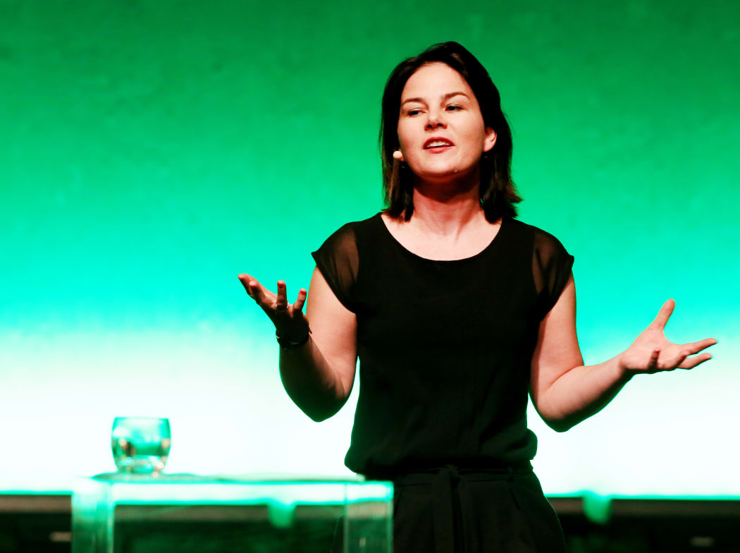 Former trampoline competitor turned Greens co-leader, Annalena Baerbock, speaks during the state party conference.