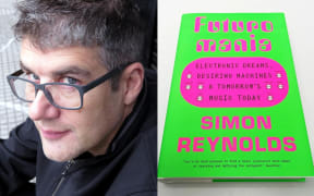 A composite image containing a photo of Simon Reynolds next to a photograph of a book. Simon Reynolds wears glasses and looks up at the camera. The book is called "FUTUROMANIA", and it features a bright green cover with bright pink lettering. It is written by "SIMON REYNOLDS".