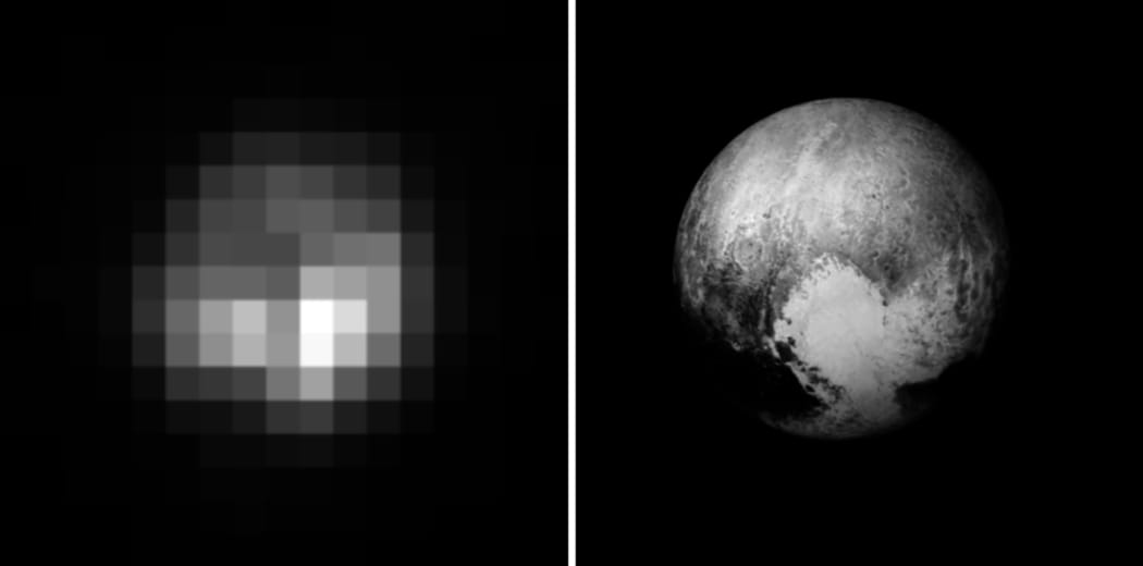 Pluto (left) was taken by the Faint Object Camera of the Hubble Space Telescope in 1994. Pluto (right) was taken by New Horizons just 16 hours before closest approach in July 2015.