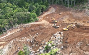 At the top of the massive Helena Bay Hill landslide and a month into the hands-on part of the job diggers on March 18, fill one of 15,000 truckloads carrying away its 250,000 tonnes of debris. Physical slip clearance work started on February 25 after several weeks of planning.