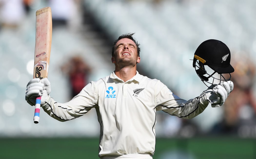 New Zealand opening batsman Tom Blundell celebrates his century against Australia.