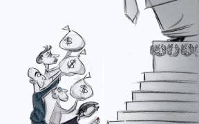 The cartoon depicts Amazon founder and Washington Post owner Jeff Bezos, as well as Facebook and Meta founder Mark Zuckerberg and other media and tech moguls, kneeling and holding up bags of money before a massive Trump.