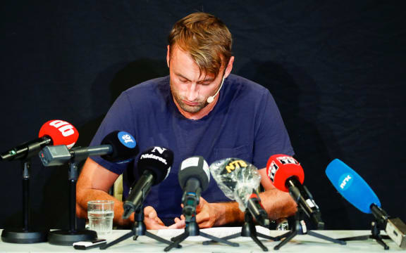 Former Norwegian cross-country ski star Petter Northug gives a press conference after he was charged with driving at high speed under the influence of drugs and with storing drugs on August 21, 2020 in Trondheim, Norway.