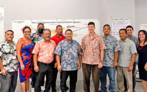 Gov. Ralph DLG Torres, sixth from left, is joined by Maj. Gen. Mark A. Hashimoto, fifth from right, Mobilization Assistant to the Commander, U.S. Indo-Pacific Command, and other ranking CNMI officials. Hashimoto is also the executive director for Marianas Forces Pacific.