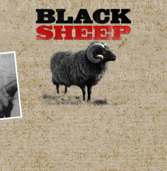 Collage of historical black-and-white photographs arranged around the title ‘Black Sheep’, including portraits of men and women and images of people on horseback, set against a textured beige background.