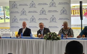 Prime Minister Christopher Luxon, left, next to Australian Prime Minister Anthony Albanese and Samoan Prime Minister Fiamē Naomi Mataʻafa, right.