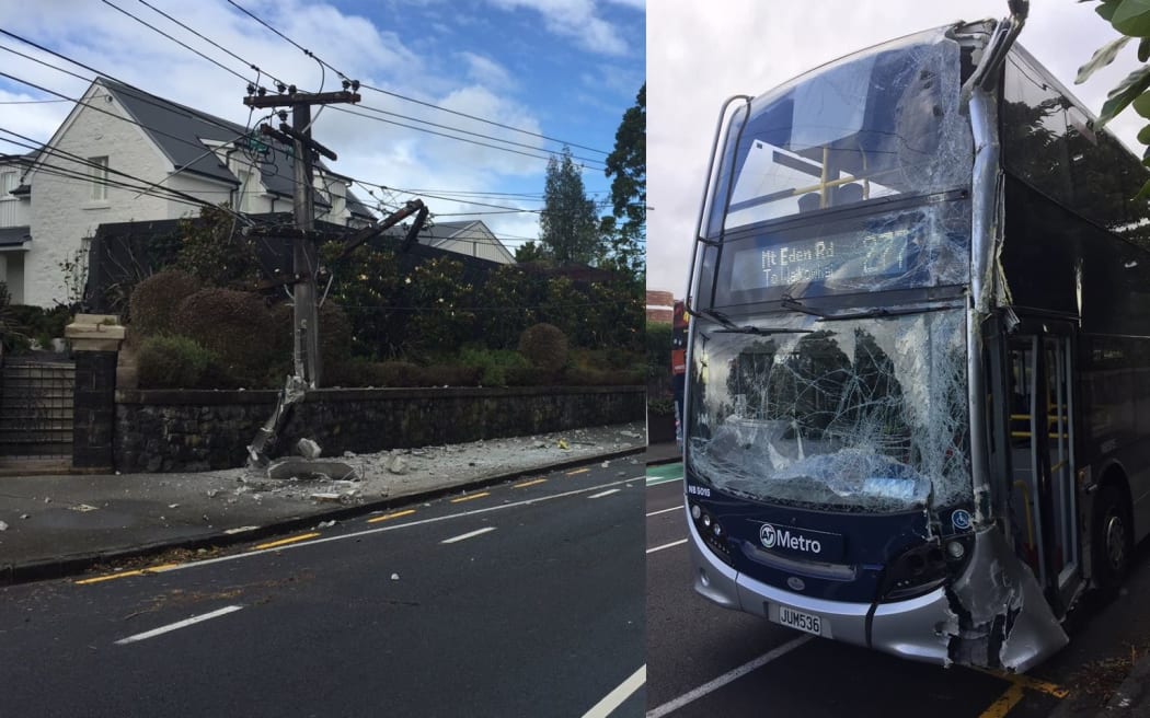 The scene of a bus crash on Mt Eden Rd and the damaged bus.