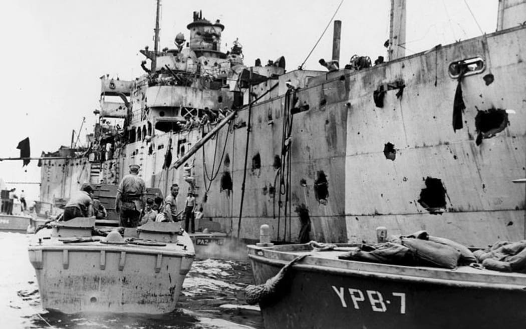 The USS Mindanao damaged in an explosion in Manus Island's Seeadler Harbour, 1944.