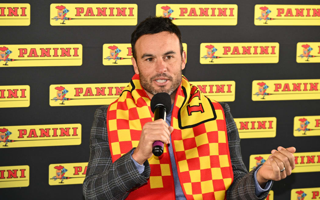 Former US football captain Landon Donovan speaks during the Panini America FIFA World Cup 2026™ Album Cover Reveal at Met Life Stadium, New Jersey, December 03, 2025. (Photo by Dave Kotinsky / GETTY IMAGES NORTH AMERICA / Getty Images via AFP)