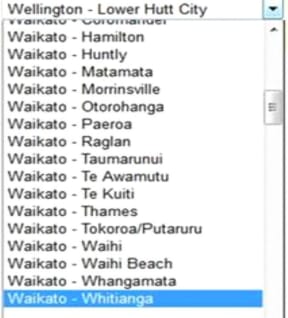 Screen shot of Whitianga appearing on Trade Me's drop-down menu