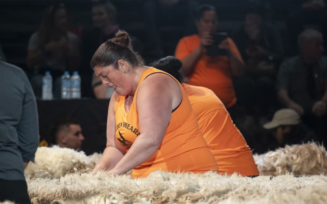A competitor in the wool handling competition, Golden Shears 2024
