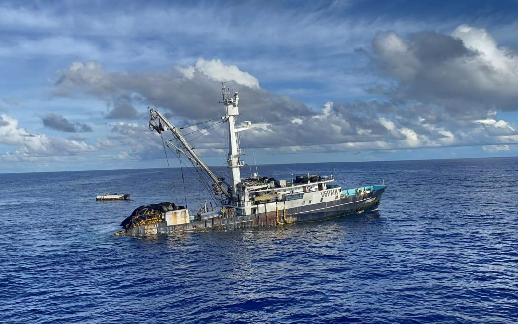 The FV Marielle, a purse seiner flagged to the Federated States of Micronesia, was left sinking in Tuvalu waters after the 22 crew members were rescued by the Majuro-based Jin Hui No. 18 Sunday morning April 14, 2024.