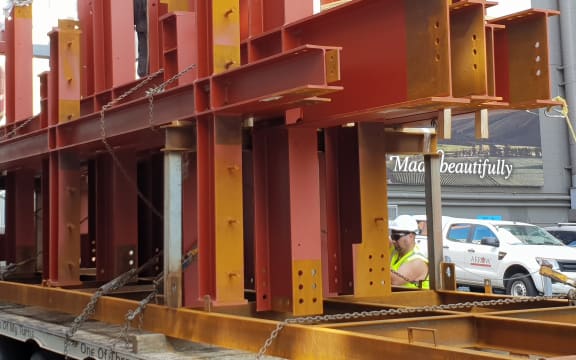 Steel frames made in China are unloaded at the 20-storey 111 Dixon St project.