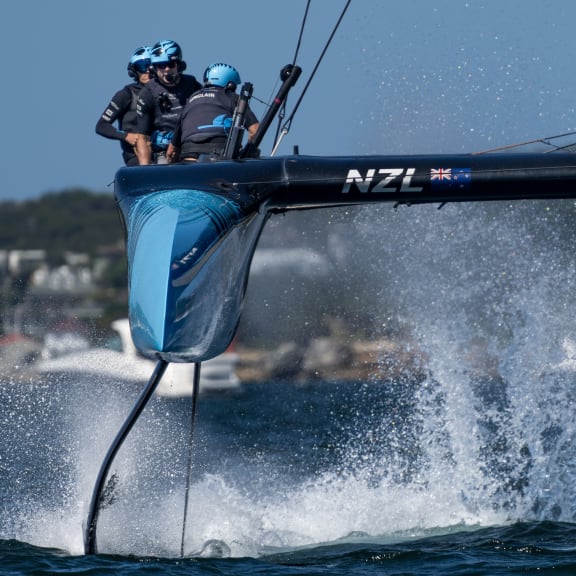 New Zealand SailGP Team helmed by interim driver Nathan Outteridge in action on Sydney Harbour, 2024.