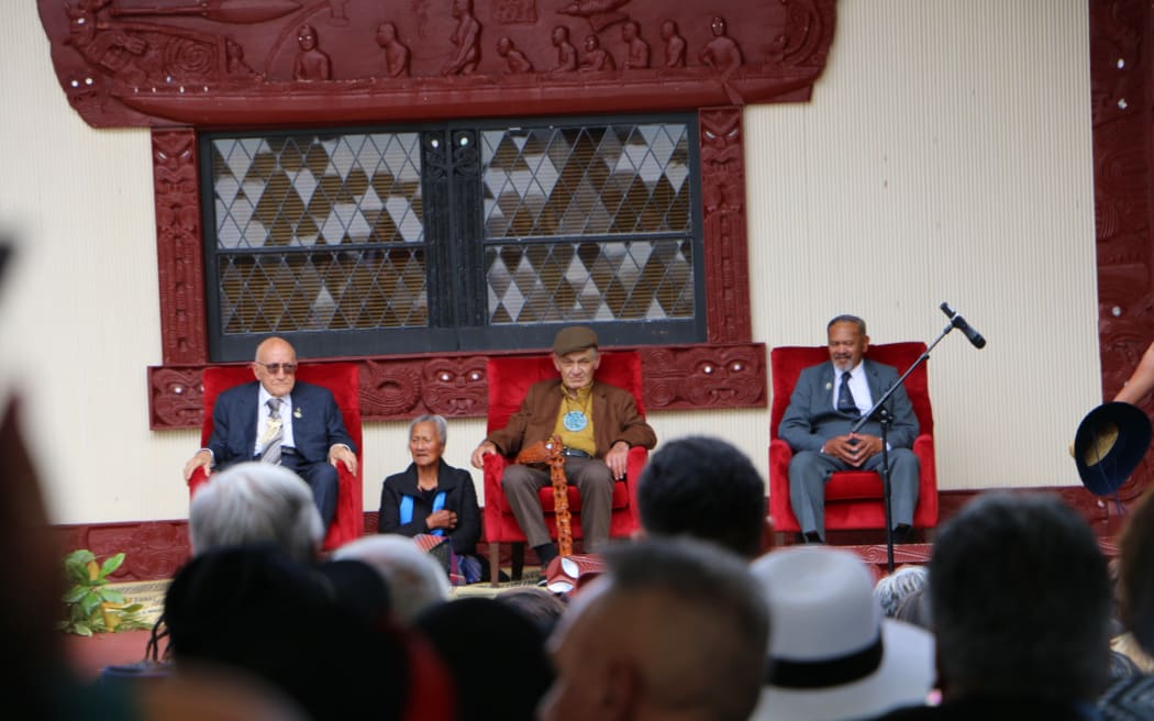 Kīngi Tūheita (seated centre), at the national Hui-ā-Iwi at Tūrangawaewae Marae in Ngāruawāhia.