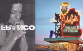 The covers from albums by Ani DiFranco (sitting pensively), and John Grant (an image of a roadside diner with an elaborate neon sign on the roof)