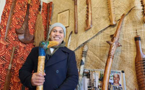 South Island Samoan carver Amosa Tualamali'i inside his workshop at Fibre Gallery.