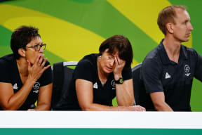 Coach Janine Southby of New Zealand reacts.