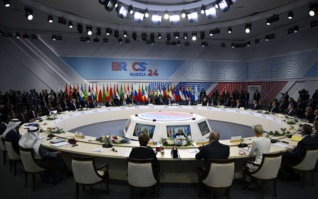 Russia's President Vladimir Putin gives a speech during the extended format meeting of the BRICS summit in Kazan on 23 October, 2024.