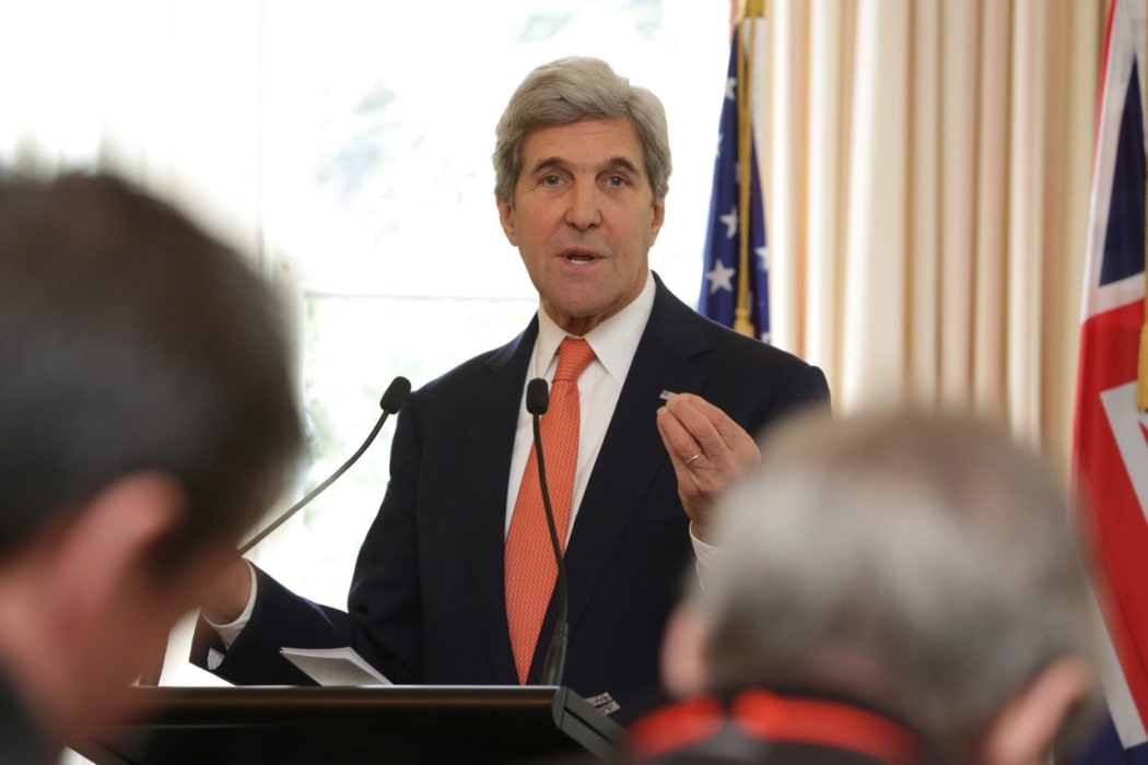 John Kerry answers media questions at the press conference at Premier House in Wellington.