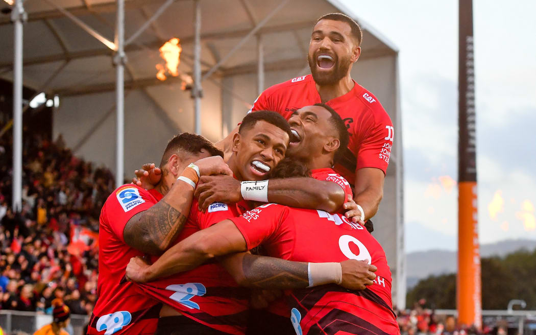 Crusaders celebrates Chay Fihaki(c)  try during the Super Rugby Pacific match, Crusaders Vs Chiefs, at the Apollo Projects Stadium, Christchurch, New Zealand, 29th March 2024. Copyright photo: John Davidson / www.photosport.nz