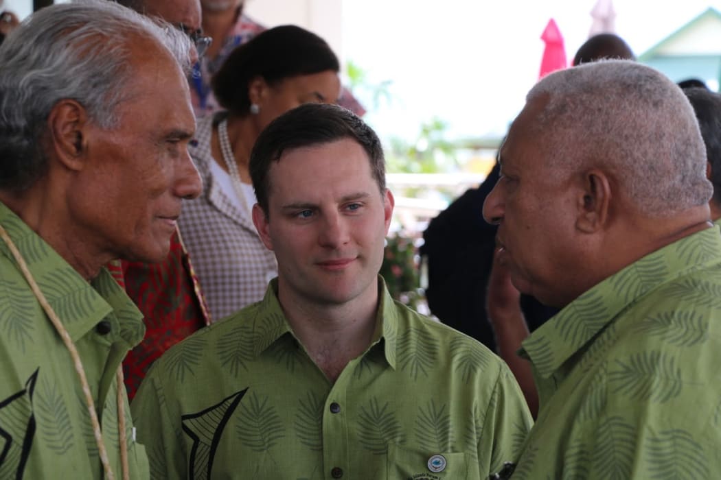 Tongan prime minister 'Akilisi Pohiva (left), Australian minister for the Pacific Alex Hawke (centre), and Fiji Prime Minister Frank Bainimarama meet on the sidelines of the 2019 Pacific Islands Forum in Tuvalu.