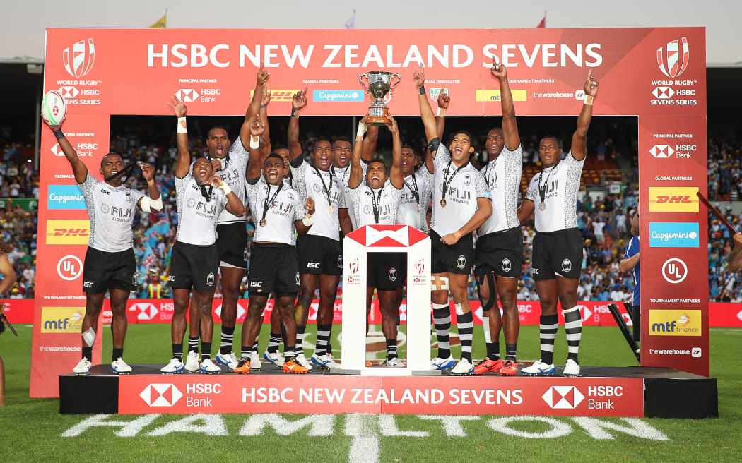 Fiji celebrate their second straight Hamilton 7s title.