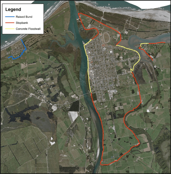 Proposed stopbanks and floodwall system for $10m Westport protection scheme which would effectively ring fence the town