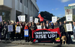Uber drivers rallying outside the Court of Appeal in Wellington on 19 March 2024.