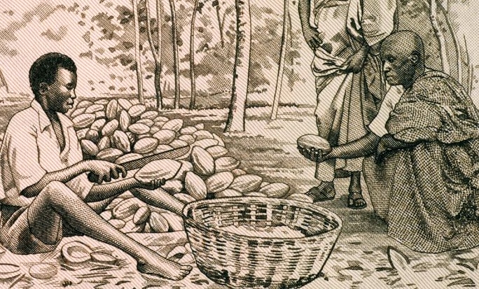 Men Splitting Cacao Pots on 50 Cedis 1980 Banknote from Ghana.