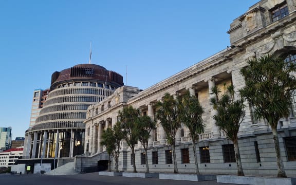 Flags fly at half mast at the Beehive in Wellington on 9 September to mark Her Majesty Queen Elizabeth II’s death.