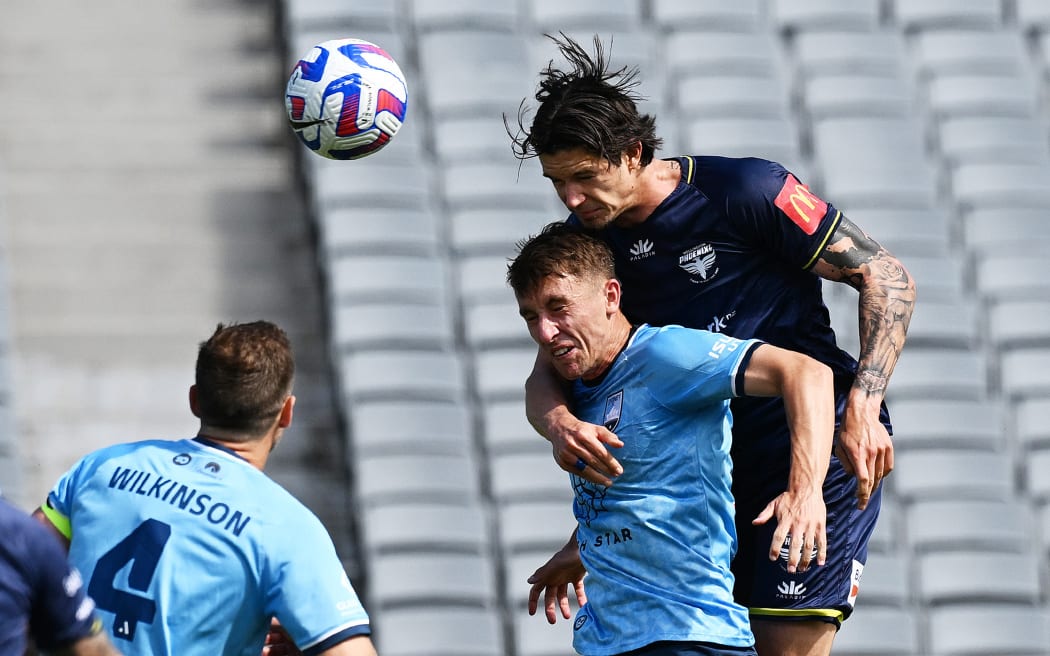 Wellington player Oskar Zawada headers in a goal. Wellington Phoenix vs. Sydney FC, Isuzu UTE A-League Round 20 football match, Sunday 12 March 2023. Eden Park, Auckland, New Zealand. © Photo: Andrew Cornaga / www.photosport.nz