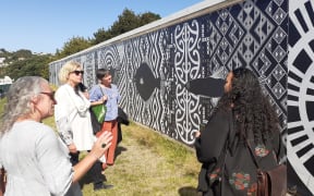 Whanganui artist Cecelia Kumeroa at Pukenāmu in Whanganui with New Zealand National Commission for UNESCO secretary-general Vicki Soames and chairperson Robyn Baker, and Whanganui & Partners' Emma Bugden (March 2021)