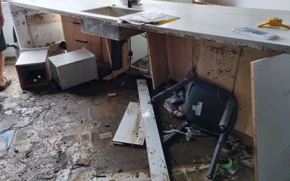 Flood damage at Royale Kitchens in Browns Bay on Auckland's North Shore.